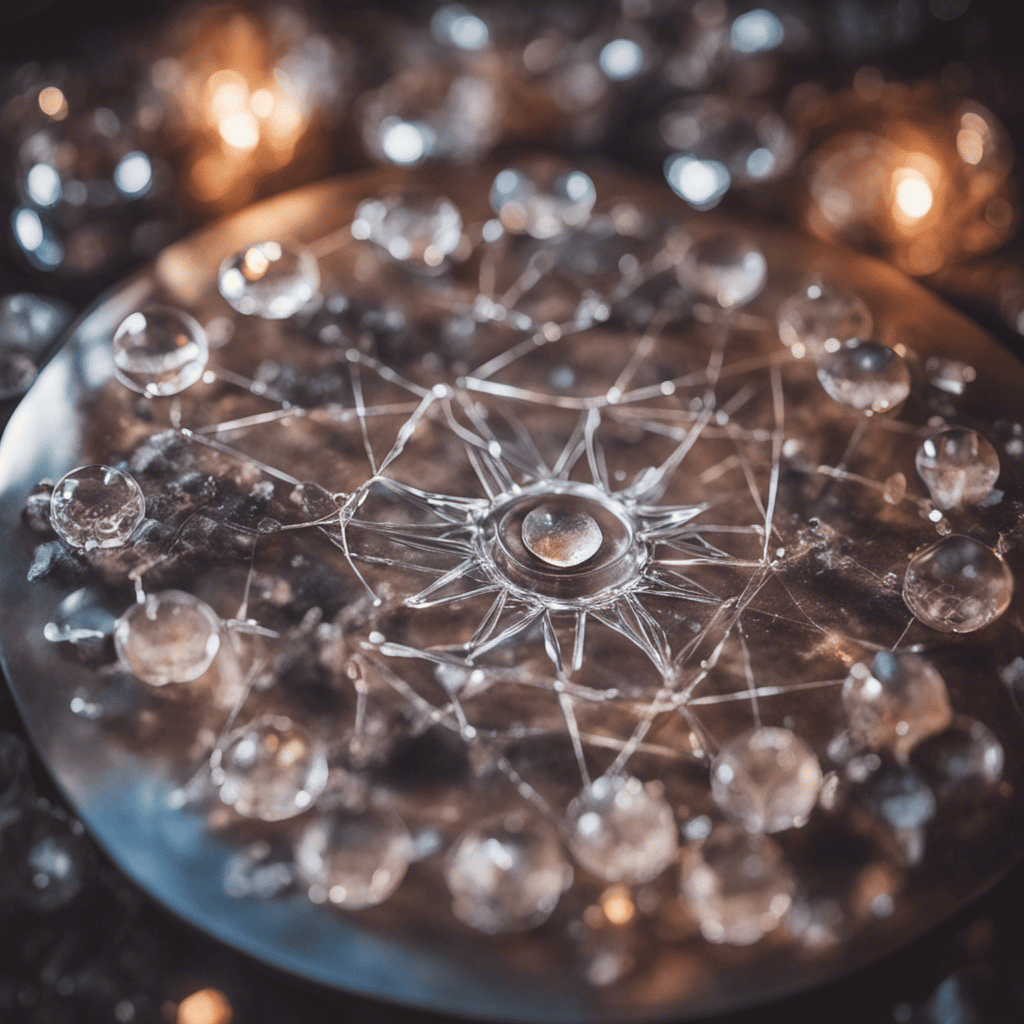 clear quartz spheres arranged in a simple crystal grid with wired connections on top of a wooden board
