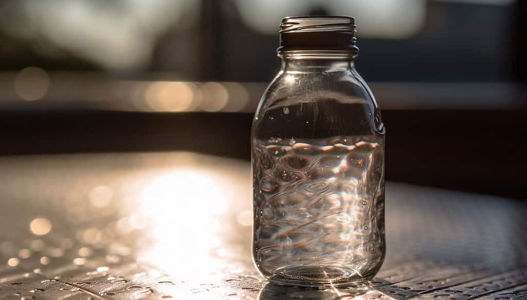 Moon water in glass bottle on table