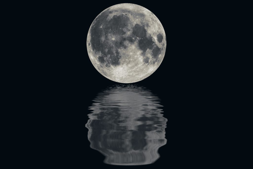 The full moon with water wave ripple reflection effect.Elements of this image furnished by NASA.